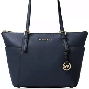 Michael Kore Jet Set Top Zip Tote Navy & Nude